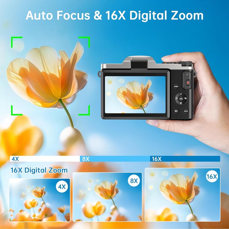 AUREAPIX كاميرا رقمية 4K للتصوير مع واي فاي 64 ميجابكسل كاميرا فلوغينغ للصور على يوتيوب فيديو شاشة قابلة للطي 3'' 180° كاميرات 4K زوم 16X مضادة للاهتزاز كاميرات مدمجة للتصوير مع بطاقة SD - Image 5